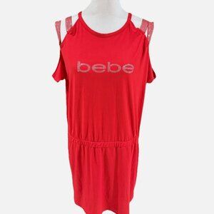 Bebe Red Sexy Logo Swarovski Crystal Accent Cold Shoulders Mini Dress Size 1X
